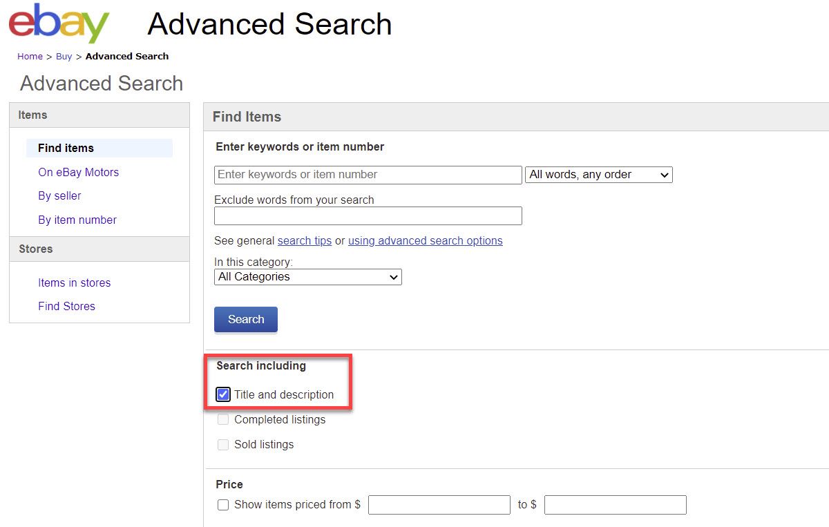 eBay Advanced Search Title and Description