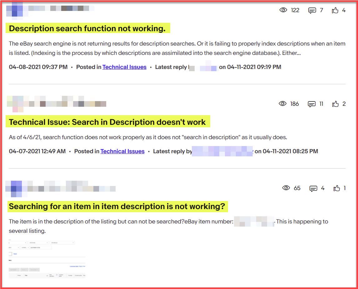 eBay Technical Issues Search In Description