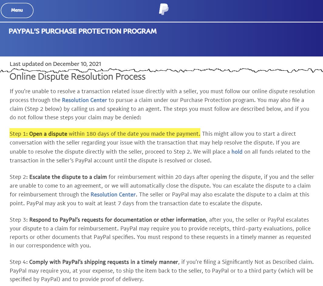 PayPal Purchase Protection Policy For Not As Described Claims As Of March 30, 2024