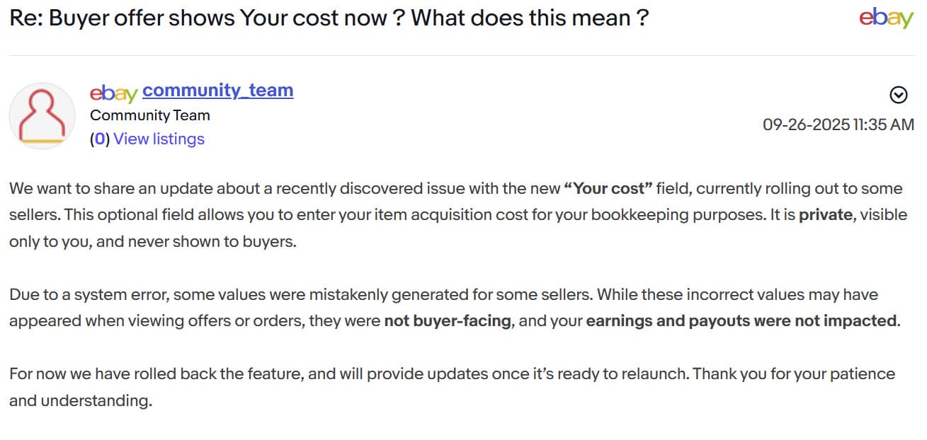 eBay Rolls Back New Cost Of Goods Sold Feature Due To Premature Launch Failure