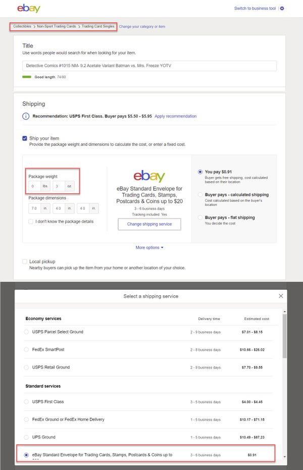 eBay Standard Envelope Offered In Categories That Don't Qualify